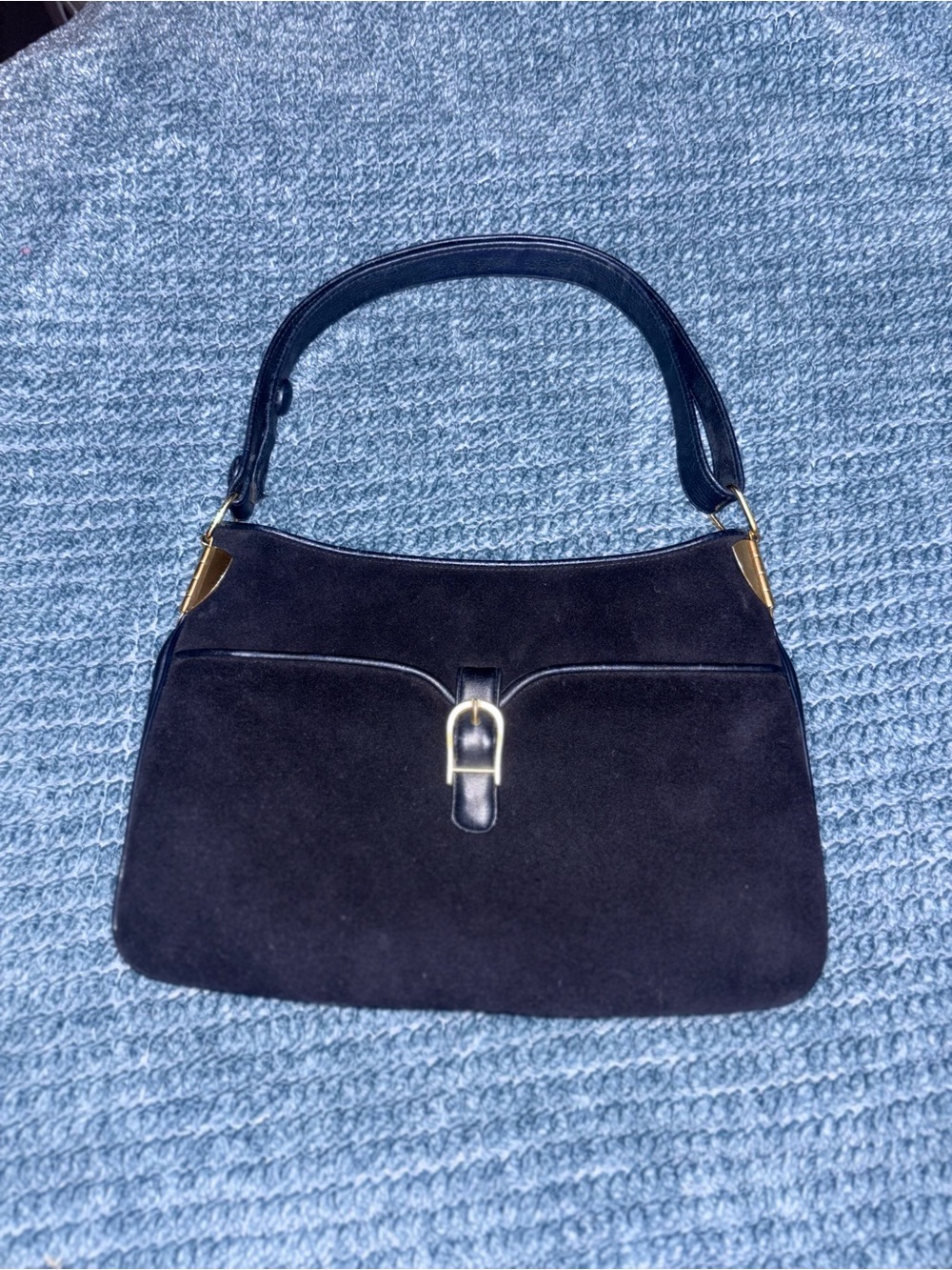Vintage 70s Black Suede Hobo Bag Jackie Style Brass Hinged Clasp Talon Zipper